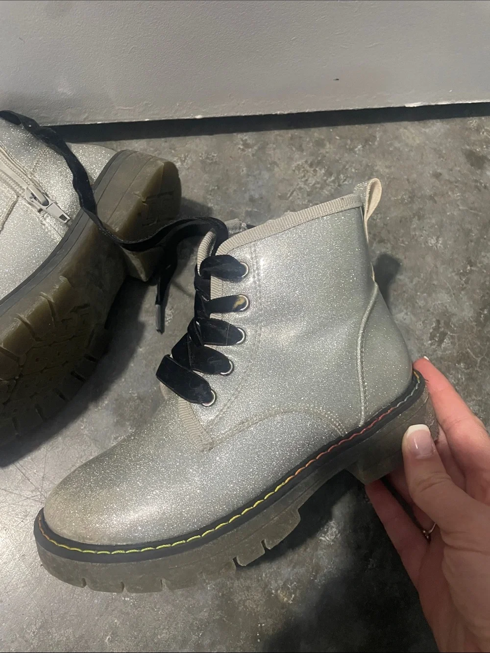 Dream Pairs Silver Glitter Combat Boots with Black Velvet Laces